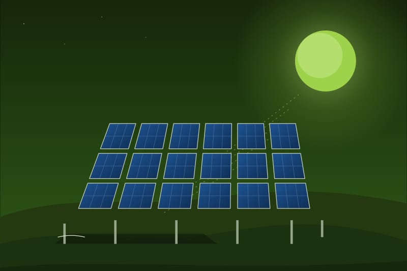 Rânduri de panouri fotovoltaice montate înclinat, cu soarele deasupra