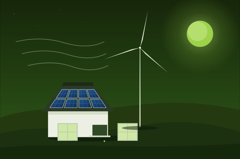 Turbină eoliană pe un deal, lângă o casă mică